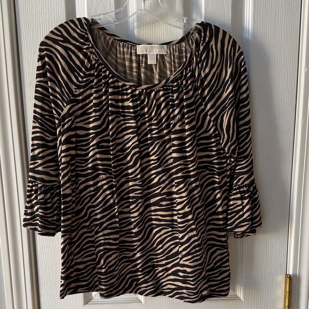 MICHAEL Michael Kors Black and Taupe Zebra-Print 3/4 Sleeve Top Size M